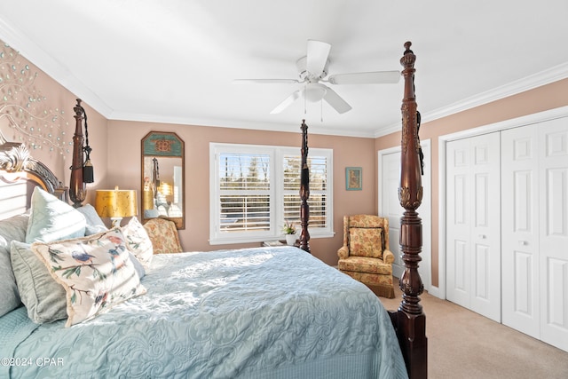 bedroom with crown molding, ceiling fan, and light colored carpet