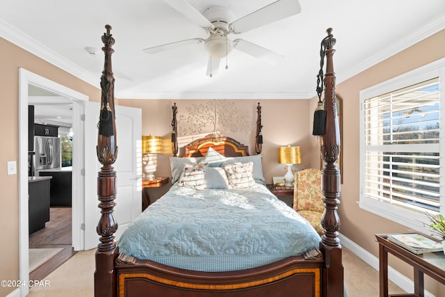 carpeted bedroom with multiple windows, crown molding, stainless steel fridge with ice dispenser, and ceiling fan