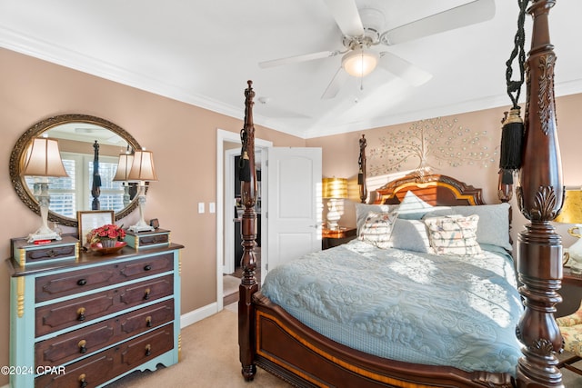 bedroom with ceiling fan, light colored carpet, and crown molding