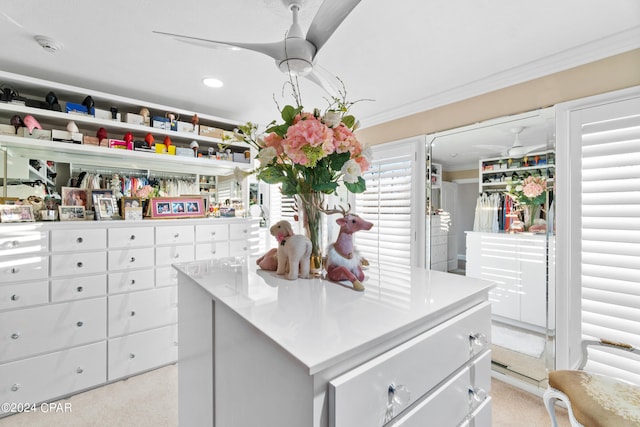 spacious closet featuring ceiling fan and light colored carpet