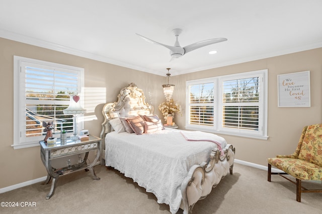 bedroom with light carpet, ceiling fan, and ornamental molding