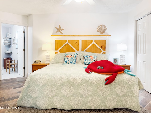 bedroom featuring wood finished floors and ceiling fan