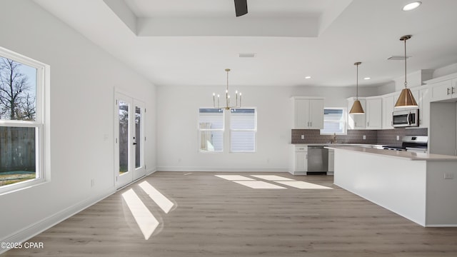 kitchen featuring white cabinetry, hanging light fixtures, a tray ceiling, and appliances with stainless steel finishes