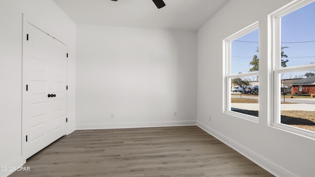 spare room with ceiling fan and dark hardwood / wood-style flooring