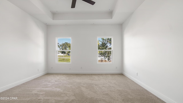 spare room featuring ceiling fan, a tray ceiling, carpet, and baseboards