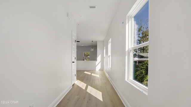 hallway with a wealth of natural light, light wood-type flooring, visible vents, and baseboards