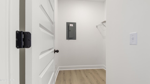 walk in closet with electric panel and light hardwood / wood-style flooring