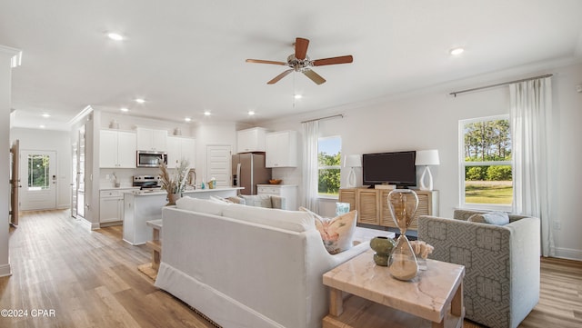 living room with light wood-type flooring, plenty of natural light, ornamental molding, and ceiling fan