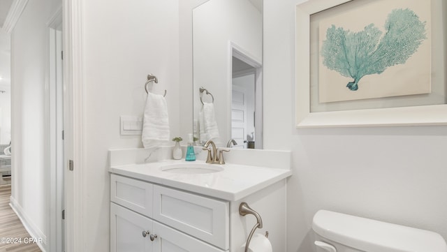 bathroom with vanity, wood-type flooring, and toilet