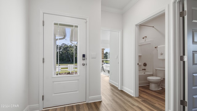 entryway featuring hardwood / wood-style flooring and crown molding