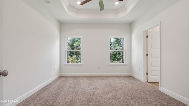 carpeted spare room with ornamental molding, ceiling fan, and a tray ceiling