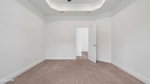 empty room with ornamental molding, carpet, and a tray ceiling