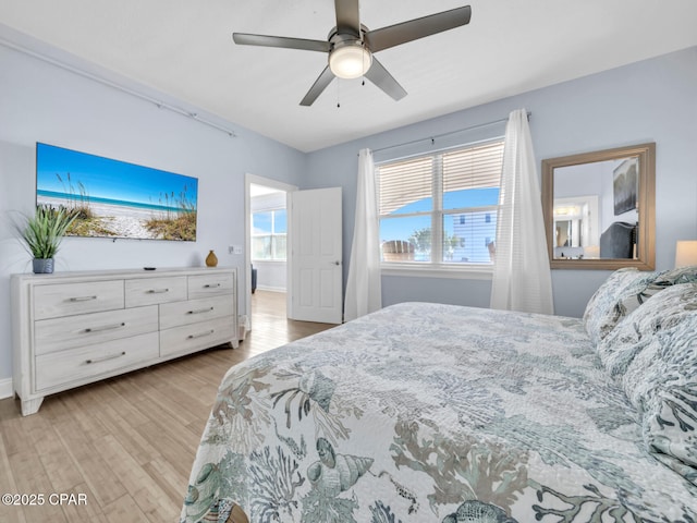 bedroom featuring light wood-type flooring, ceiling fan, and baseboards