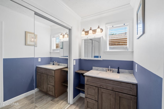 bathroom featuring plenty of natural light, a textured ceiling, vanity, and ornamental molding