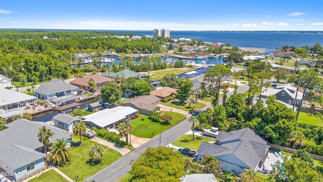 aerial view featuring a water view