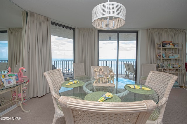 dining room featuring a water view, a chandelier, and carpet