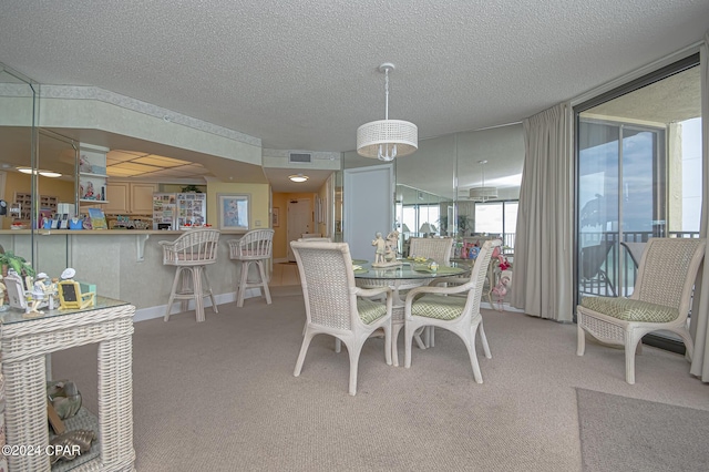 carpeted dining area with a textured ceiling