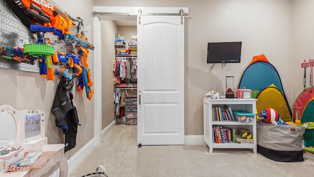 interior space featuring light colored carpet