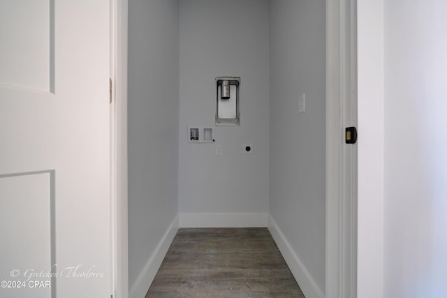 laundry area with electric dryer hookup, washer hookup, and hardwood / wood-style flooring