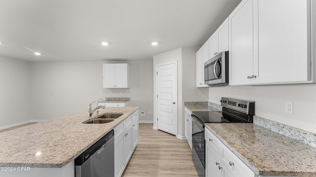 kitchen featuring white cabinetry, sink, an island with sink, and stainless steel appliances