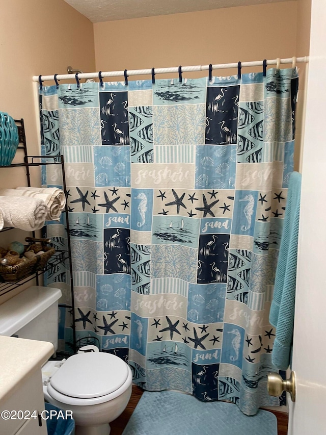 bathroom featuring vanity, toilet, hardwood / wood-style flooring, and curtained shower