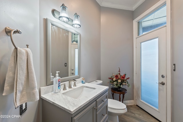 bathroom featuring crown molding, vanity, toilet, and hardwood / wood-style flooring