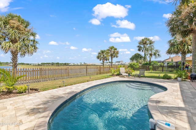 view of swimming pool with a patio area and a lawn