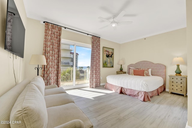 bedroom with access to exterior, ceiling fan, and light hardwood / wood-style floors