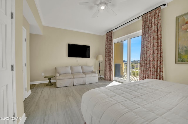 bedroom with access to outside, ceiling fan, and light hardwood / wood-style floors