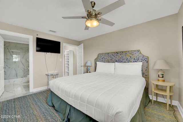 bedroom featuring ceiling fan and connected bathroom