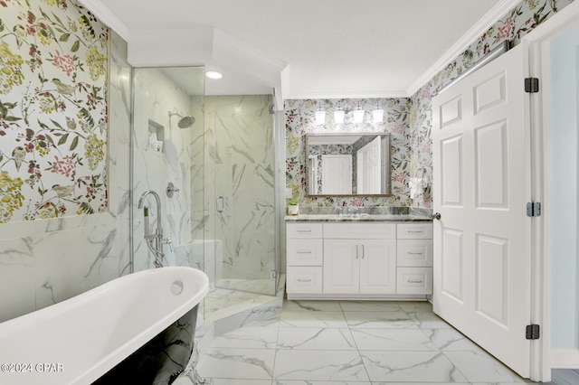 bathroom with shower with separate bathtub, crown molding, and vanity