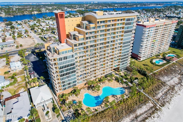 birds eye view of property featuring a water view