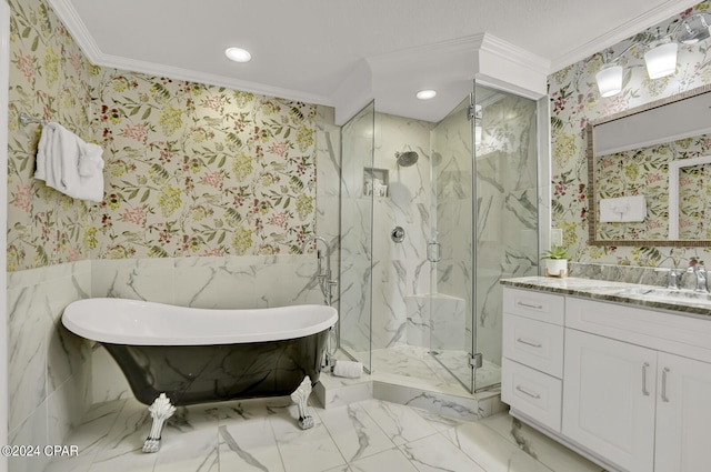 bathroom with crown molding, vanity, and plus walk in shower