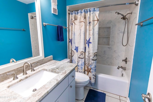 full bathroom with shower / bath combo with shower curtain, tile patterned floors, toilet, and vanity