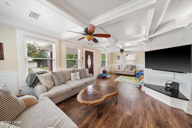 living room featuring ceiling fan, beam ceiling, dark wood-type flooring, and coffered ceiling