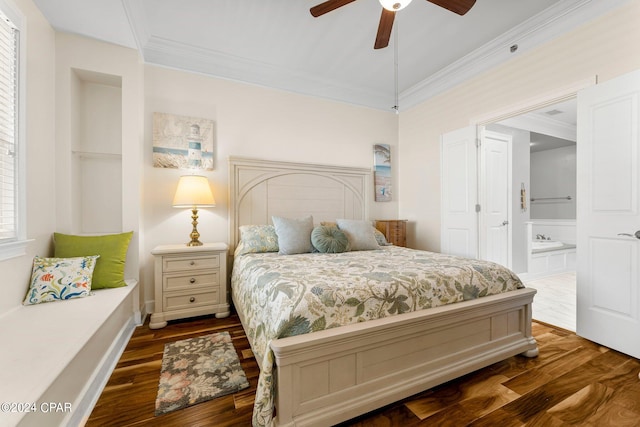 bedroom featuring ornamental molding, ensuite bath, ceiling fan, and dark hardwood / wood-style flooring