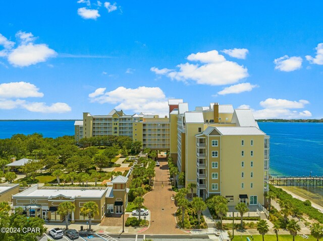 aerial view featuring a water view