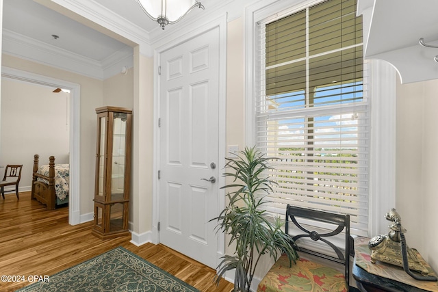 entrance foyer featuring ornamental molding and hardwood / wood-style flooring