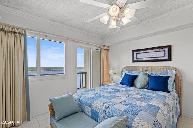 23223 Front Beach Rd Unit Ph-06, Panama City Beach, FL 32413 - bedroom with light tile patterned floors, a textured ceiling, access to exterior, a ceiling fan, and ornamental molding