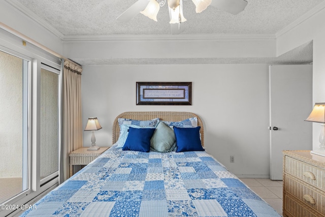 23223 Front Beach Rd Unit Ph-06, Panama City Beach, FL 32413 - bedroom with crown molding, a textured ceiling, tile patterned flooring, and ceiling fan