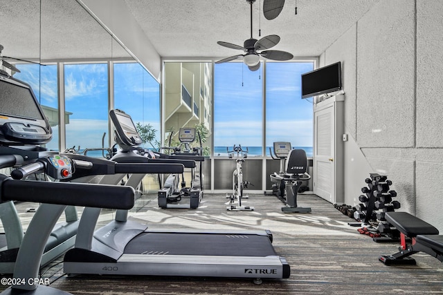 23223 Front Beach Rd Unit Ph-06, Panama City Beach, FL 32413 - workout area featuring a ceiling fan, expansive windows, a textured ceiling, and carpet flooring