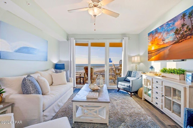 living room featuring a healthy amount of sunlight, ceiling fan, and wood-type flooring