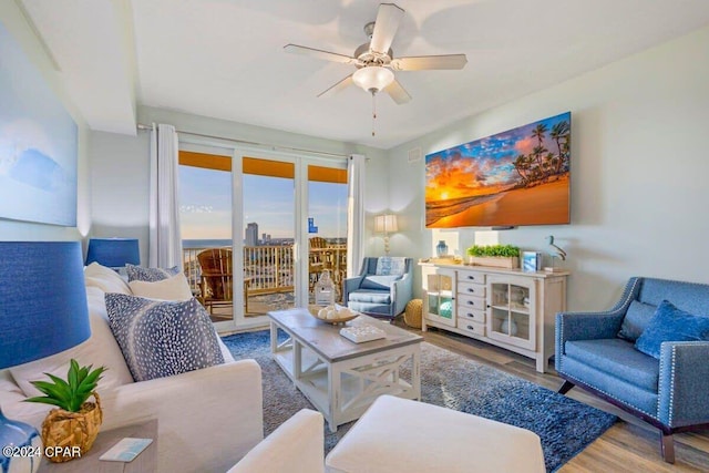 living room with ceiling fan and hardwood / wood-style flooring