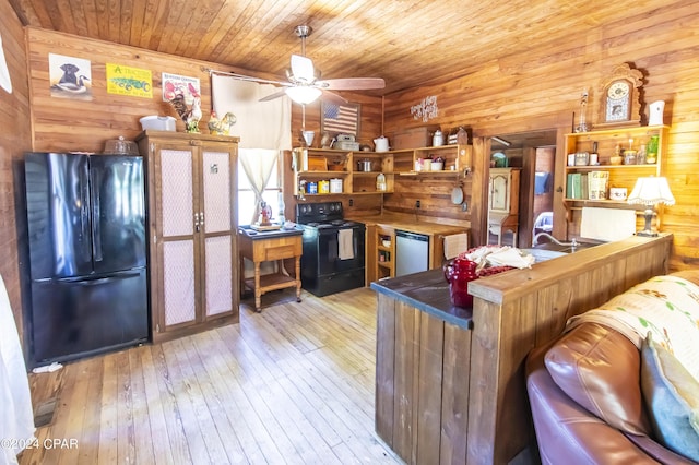 kitchen featuring light hardwood / wood-style flooring, butcher block countertops, black appliances, wooden walls, and wood ceiling