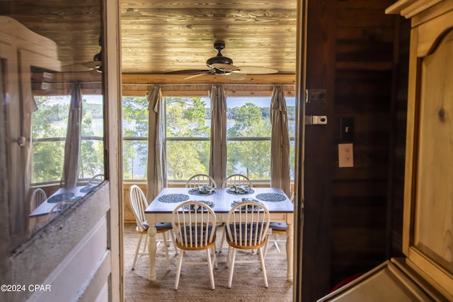 sunroom / solarium featuring ceiling fan and wooden ceiling