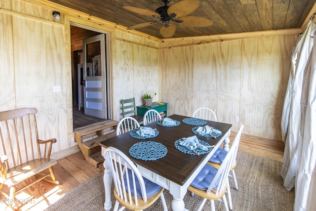 dining room with hardwood / wood-style floors, wooden walls, ceiling fan, and wooden ceiling