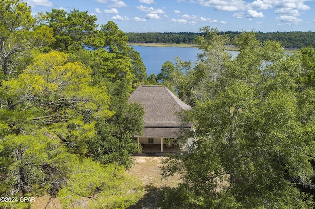 drone / aerial view featuring a water view