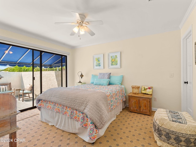 bedroom with ornamental molding, access to outside, and ceiling fan