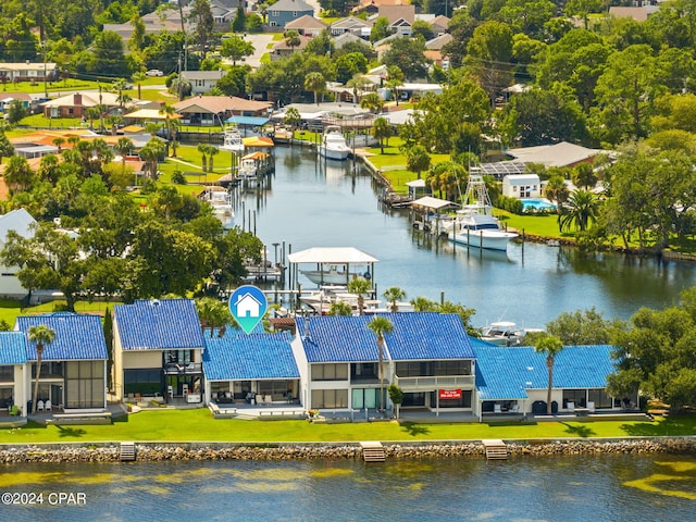 bird's eye view with a water view