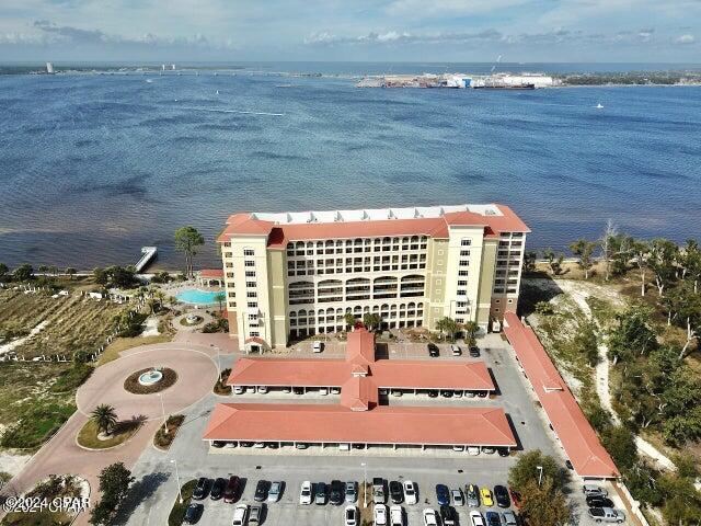 aerial view featuring a water view